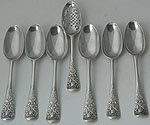 six George II fanct front teaspoons and strainer London circa 1760 probably Samuel Wheat